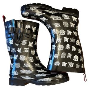 Capelli of New York Women’s Owl Graphic Rain Boots Black White Sz 6 Whimsigoth